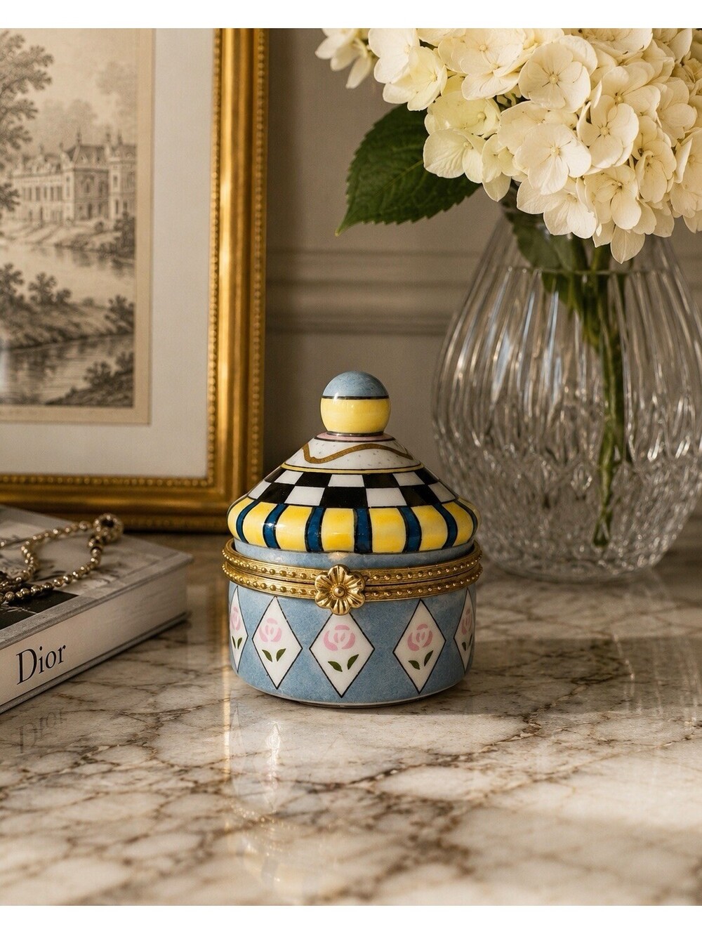 CBK Ceramic Hinged Trinket Box Small Blue Yellow 1996
